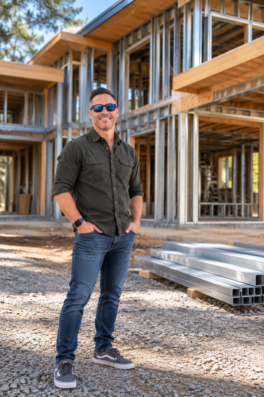Jeremy Granger, Founder of Granger Steel Construction, at a steel-framed home under construction